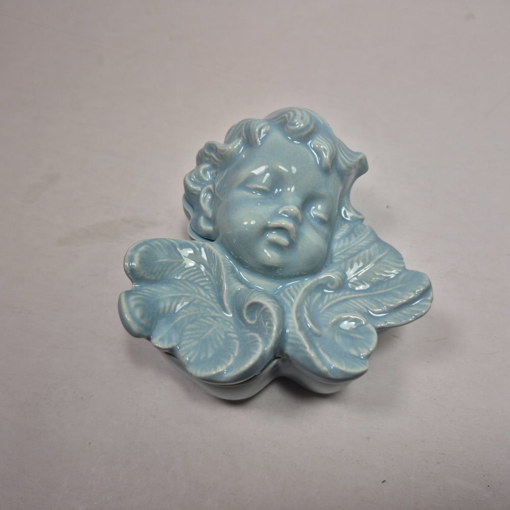 Vintage 1999 Scioto Signed Cherub Angel Light Blue Box Trinket Box 4" Ceramic